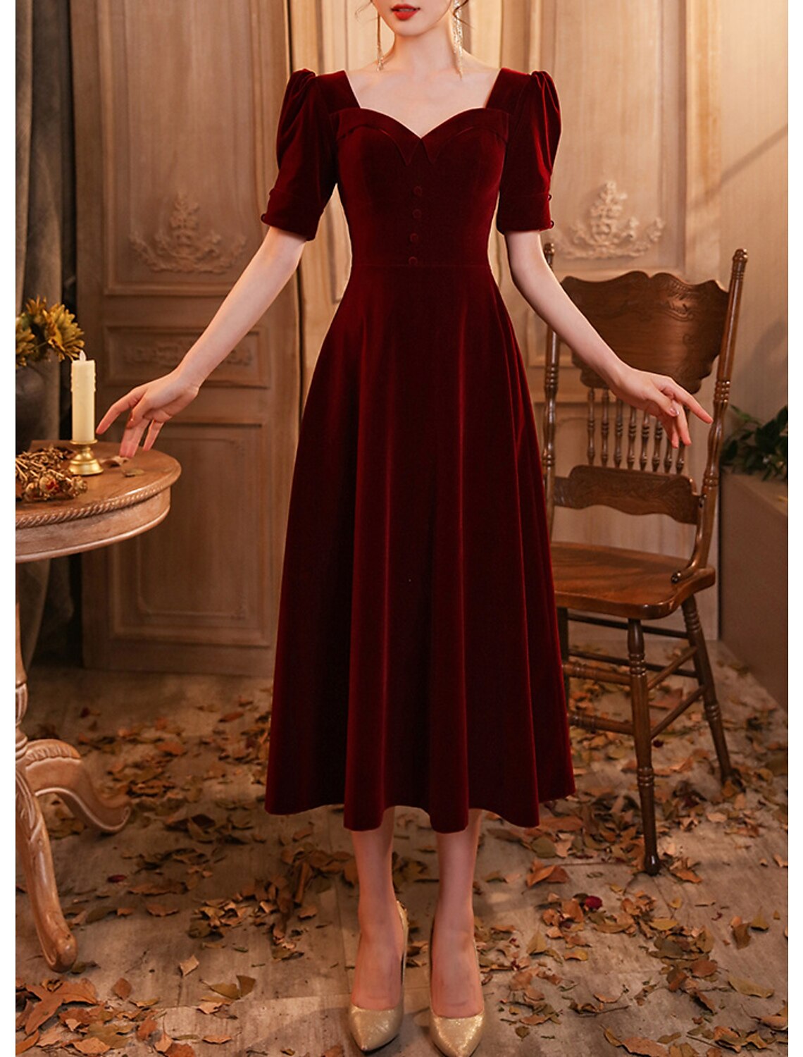 Vestido de cóctel de corte A, elegante, para invitada de boda, para regreso a casa, largo hasta la rodilla, media manga, escote redondo, terciopelo con botones, vestido de fiesta